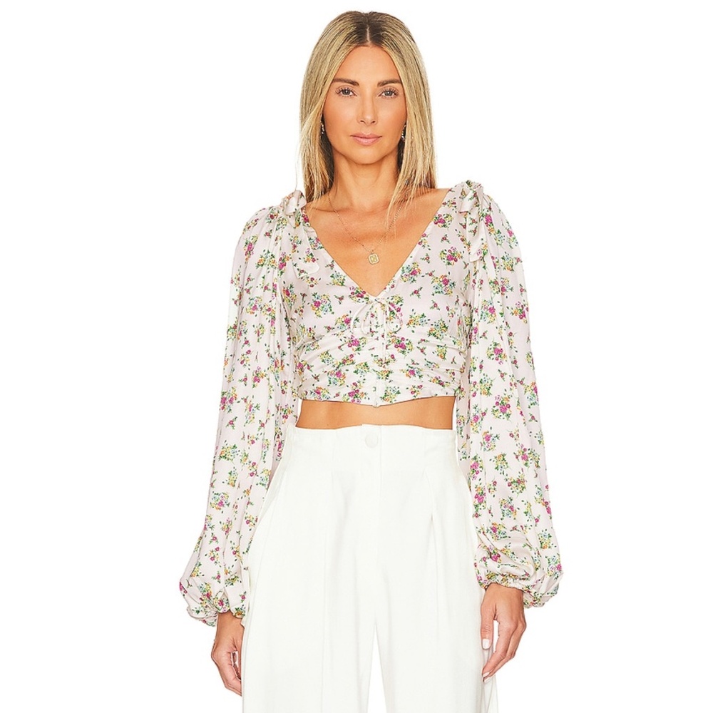 For Love & Lemons Tanya White Floral Puff Long Sleeve Crop Top S NWT